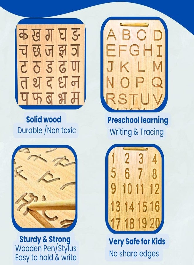 TOYJOS Kids Educational Wooden Tracing Board Set with Stylus Pen | Double-Sided Reversible Alphabets, Hindi, Numbers Writing Slate | Montessori Learning Writing Slate Toy (Age 2+, Set of 3) - Image 5